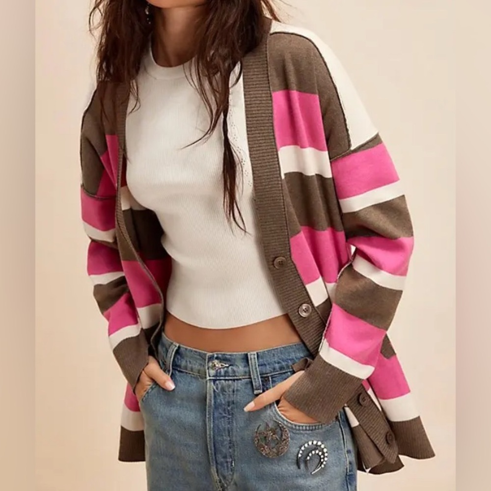 NWOT Free People League Of Her Own Cardigan XS Stripe Preppy Relaxed Academia